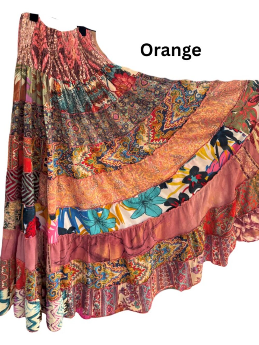 Karma Highway One Size Plus Size Patchwork Boho Maxi Skirt in Orange & Pink